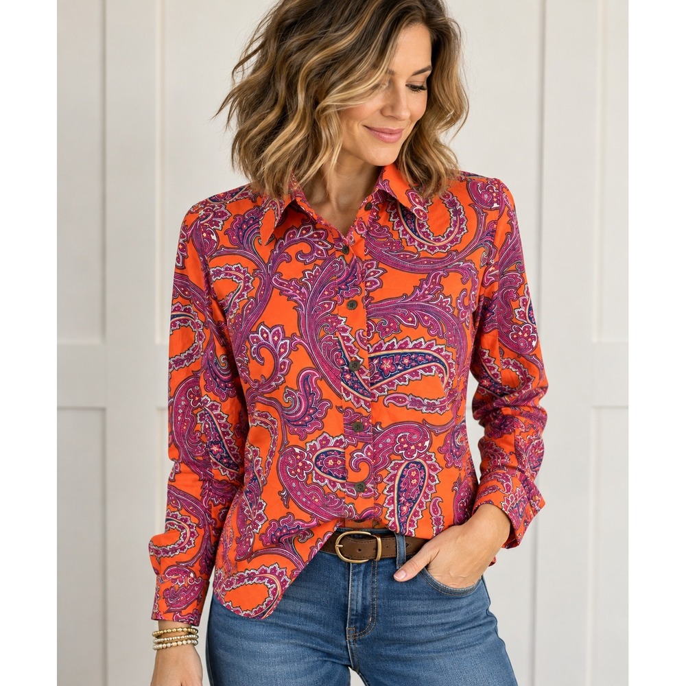 Tommy Hilfiger Womens Orange Paisley Print Stretch Button Down Shirt Size M